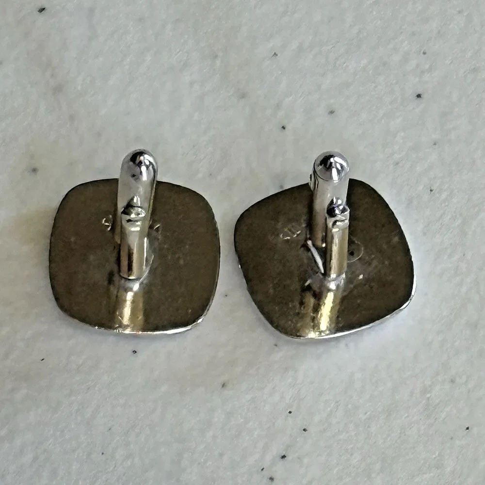 Vintage Silver Swank Cufflinks w/ Black Stone and‎ Brushed Finish